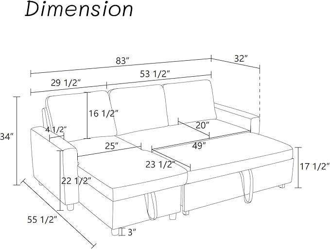 Sectional Sleeper Sofa with Pull Out Bed, L Shaped Pull Out Couch with Storage Chaise, 3 Seats Convertible Couch Bed for Apartment, Living Room, Black