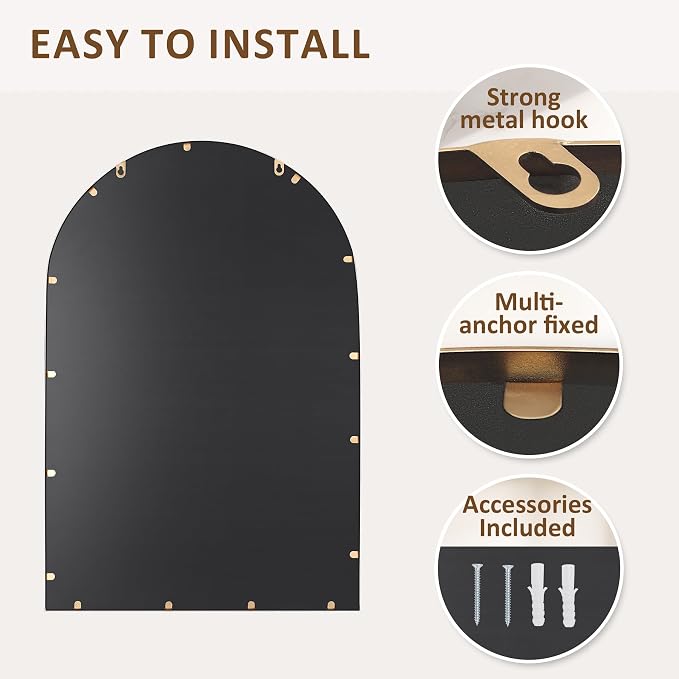 Antique Gold 24"x36" Arched Wall Mirror with Metal Beaded Frame - Decorative Accent Wall Mirror for Bathroom, Bedroom, Living Room, Entryway - Image 7