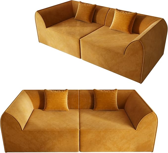 KEIKI 98.43'' Sofa Bed with Rectangle Pillow & Cushions, 2-Seater Convertible Chair, Folding Memory Foam Floor Couch & Sleeping Mattress, Modern Fabric Sleeper Sofa for Bedroom & Living Room,Orange