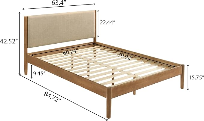 Roundhill Furniture Vichy 2-Piece Rubberwood Bedroom Set with Upholstered Queen Bed and Nightstand, Textured Polyester