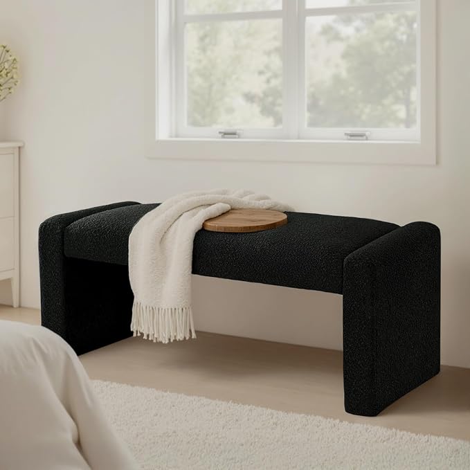 SIMTONAL Black Entryway Bench with Solid Wood Frame, 47" Boucle Window Seat Upholstered End of Bed Bench for Bedroom Living Room by SIMTONAL