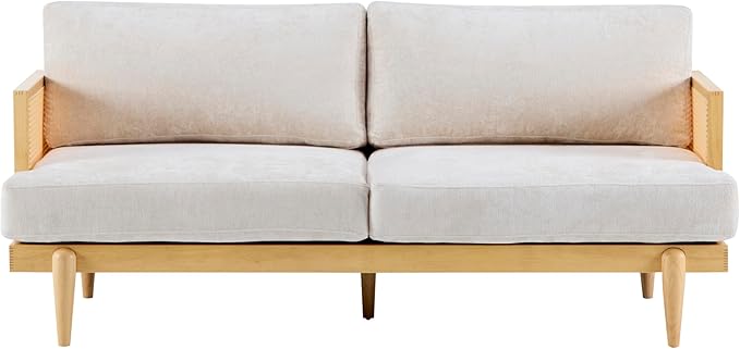 Merax 72" Spacious 2-Seater Sofa Couch with Armrests, Cane Rattan Wooden Frame Loveseat Sofa for Living Rooms, Bedrooms, Apartment, Office (Natural+Beige)