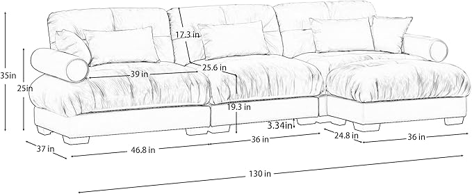 KEIKI 130" L-Shaped Oversized Velvet Modular Sectional Sofa with 1 Ottoman, High-Density Foam Cushions and Bolstered Armrests, Upholstered 3-Seater Cloud Couch with 5 Pillow, for Living Room, Blue
