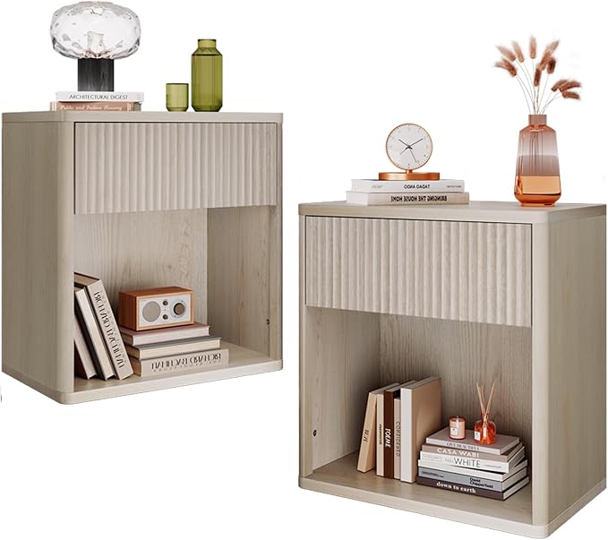 WLIVE Night Stand Set of 2, Wood Nightstand Sets with Storage Drawer and Open Shelf, Fluted Bedroom Nighstands, Mid Century Bed Side Table, End Tables Living Room, Dorm, Home Office, White Alder by WLIVE