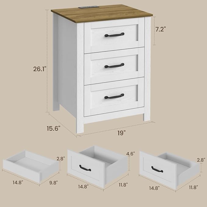 Farmhouse Nightstand Set of 2 with Charging Station and Hidden Drawer, 26" H Bedside Table with 4 Drawers, Night Stand for Bedroom, Home Office, White - Image 2