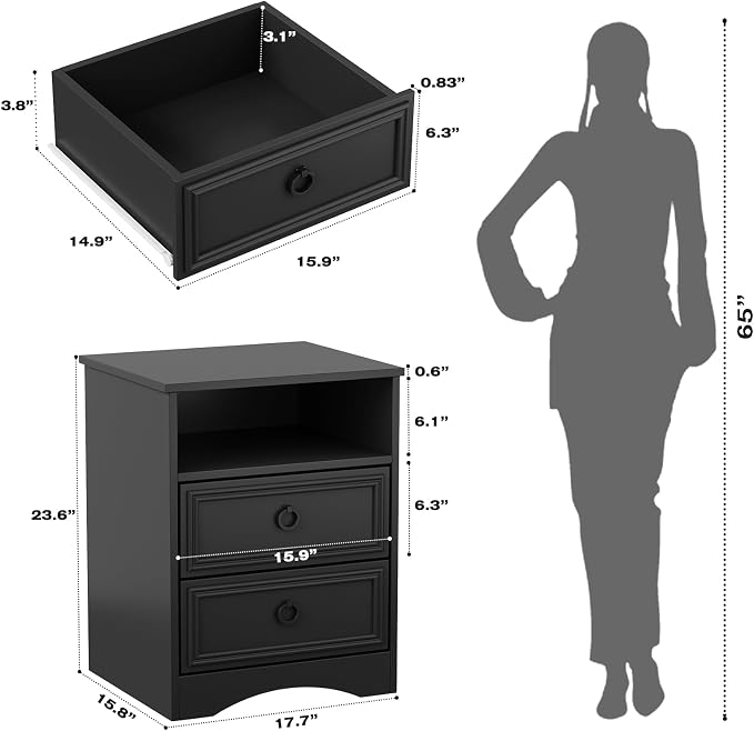 LGHM Set of 2 Nightstand, Large Night Stand with 2 Drawers, 17.7" W Accent Bed Side Table and End Table with Large Open Compartment for Bedroom, Living Room,Black - Image 2