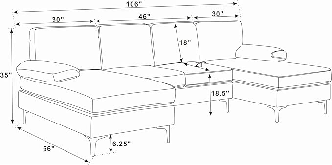 106" U-Shape Sectional Couches with Double Chaise, Upholstered Sofa with Polyester Blend Fabric, Modern 4 Seat Modular Sofa with Sturdy Metal Legs for Living Room, Apartment, Khaki