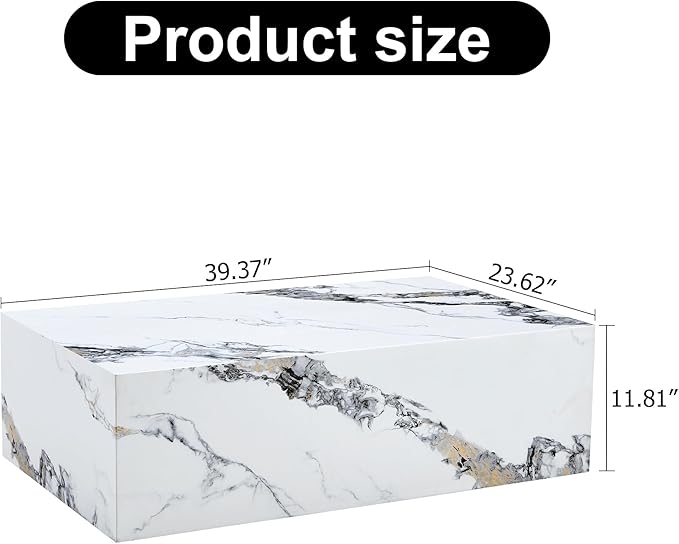 Modern Coffee Table Marble Grain,Rectangle Marble Faux Tea Table White,No Assembly