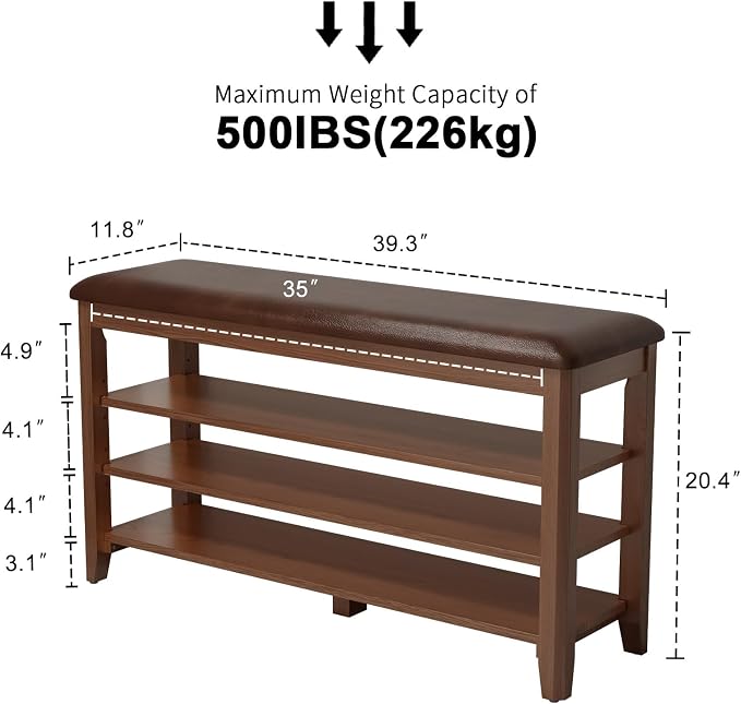 AQIMUELE Shoe Bench with Leather Cushion, 3 Tiers Shoe Storage Bench Height Adjustable, Walnut Wood Entryway Bench for Hallway, Mudroom - Image 2