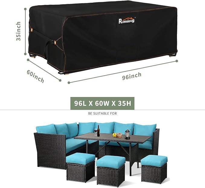 Patio Furniture Set Cover, Outdoor Sofa Couch Set Covers Waterproof, Garden Dining Table Chair Set Cover Outside Rectangular Heavy Duty Weatherproof 96" L x 60" W x 35" H Black - Image 2