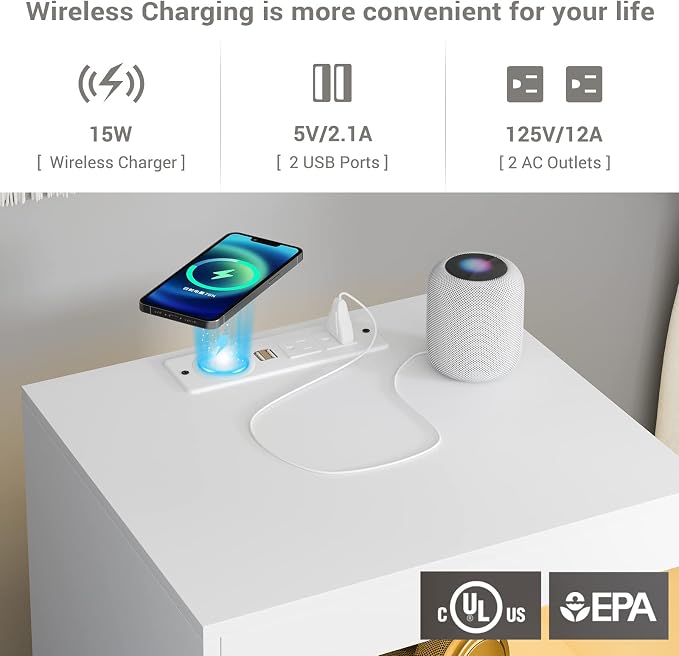 Tiptiper White Nightstand Set of 2, LED Nightstand with Wireless Charging Station, Night Stand with Drawers & Pull-Out Shelf, Modern Bedside Table with Storage, End Table Side Table - Image 3