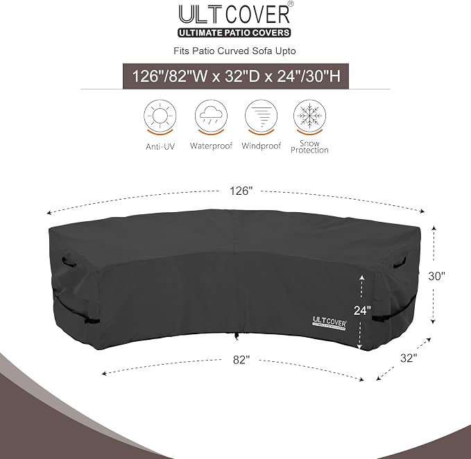 ULTCOVER Patio Curved Sofa Cover Waterproof for 3-4 Seater Outdoor Sectional Furniture Couch 126"(Back Arc Length) / 82"(Front Arc Length) x 32"(Deep), Black - Image 2