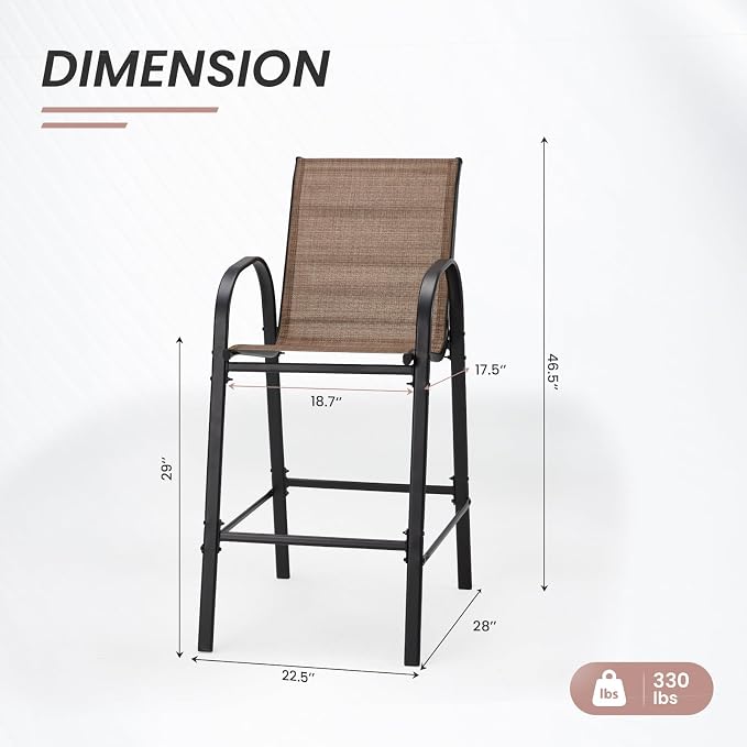 HOMREST Outdoor Bar Height Stools Set of 8,High Back Patio Chairs with Armrests,Textilene Chairs with Breathable Fabric & Metal Frame for All Weather,Brown - Image 3
