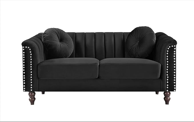 Container Furniture Tufted Velvet Sofa with Removable Cushions and Turned Wood Legs, Elegant Living Room Furniture for The Modern Home, 61.4 Inch Loveseat, Black