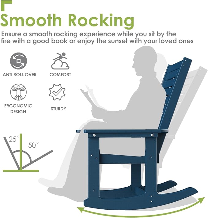 GREENVINES Outdoor Rocking Chairs | Set of 4 | Porch Rocker | HDPE Plastic | Blue | Oversized Rockers | High Back | Big & Tall | Ladder Back | for Patio Outside Backyard Balcony Garden - Image 4