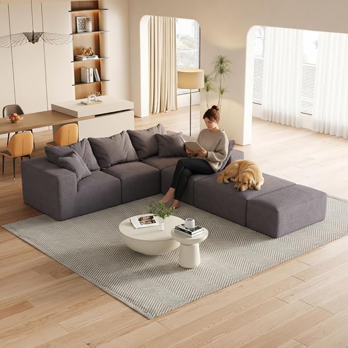 KEIKI 132" Boneless Sofa with Ottoman, L Shaped Corner Couch, Upholstered Corduroy Free Combination Sectional Couch for Living Room, Bedroom, Gray