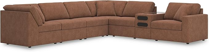 Signature Design by Ashley Modern Modmax Stain Resistant L-Shape Right-Arm Facing 7-Piece Sectional with Audio Console and Reversible Cushion, Orange