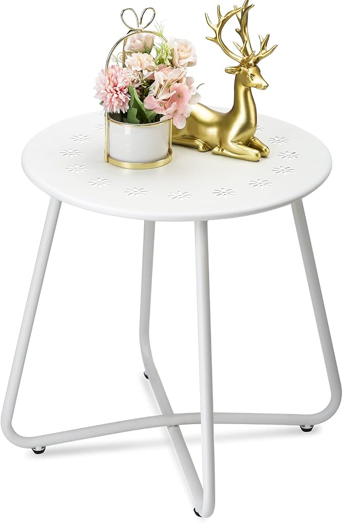 danpinera Outdoor Side Tables with Flower Cut Outs, Weather Resistant Steel Patio Side Table, Small Round Outdoor End Table Metal Side Table for Patio Yard Balcony Garden White by danpinera