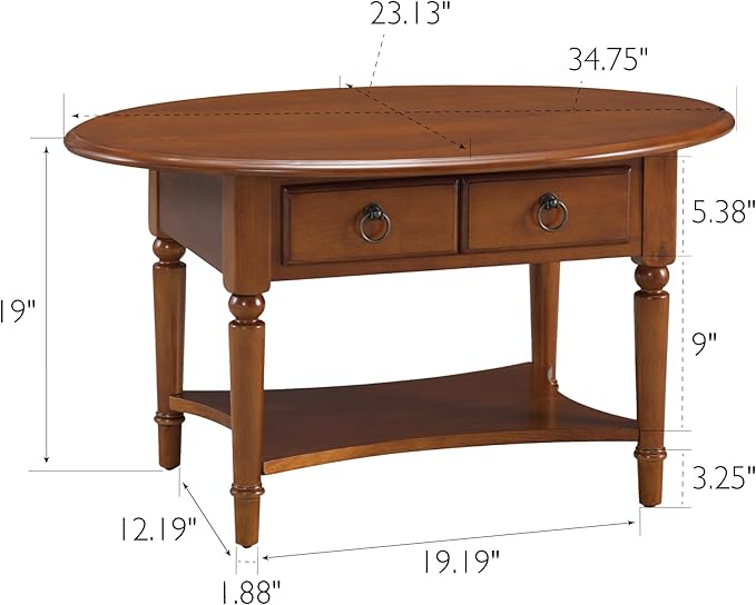 Leick Home Coastal Coffee Table, Solid Wood, Oval, with Drawer and Shelf, Pecan Brown, 20044-PC