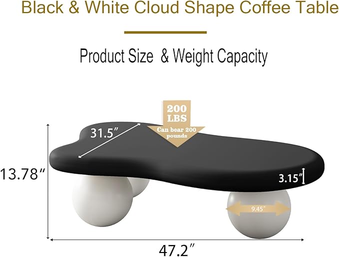 47" Modern Coffee Table Cloud Shape Low Center Table Cute Irregular Indoor Tea Table with 3 Ball Legs for Living Room Small Space