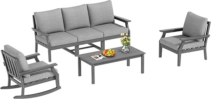 HDPE Patio Conversation Set, 6-Piece All Weather Outdoor Furniture Set with 1 Single Rocking Armchairs for Deck, Lawn, with Cushion, Gray