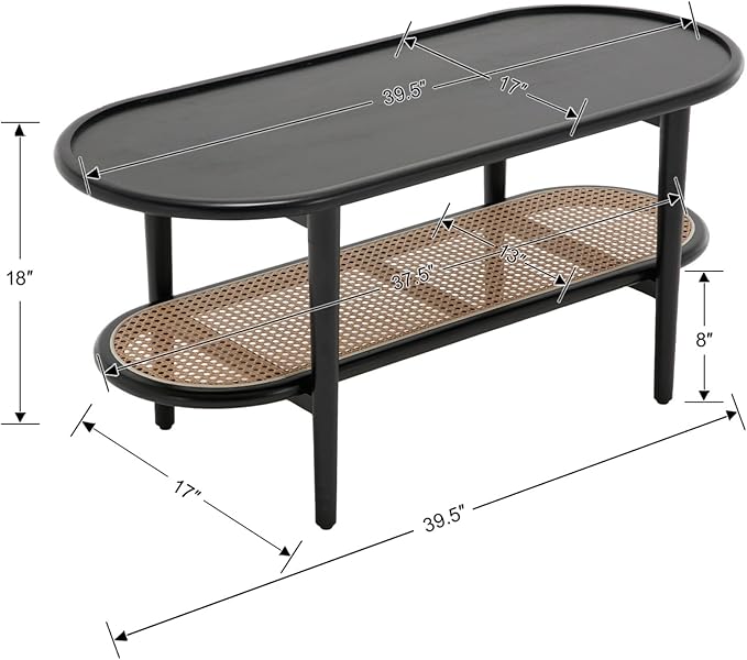 Black Rattan Coffee Table, 39.5" Oval Center Table with Storage Shelf, Modern 2-Tier Wood Side Table for Bedroom Small Space