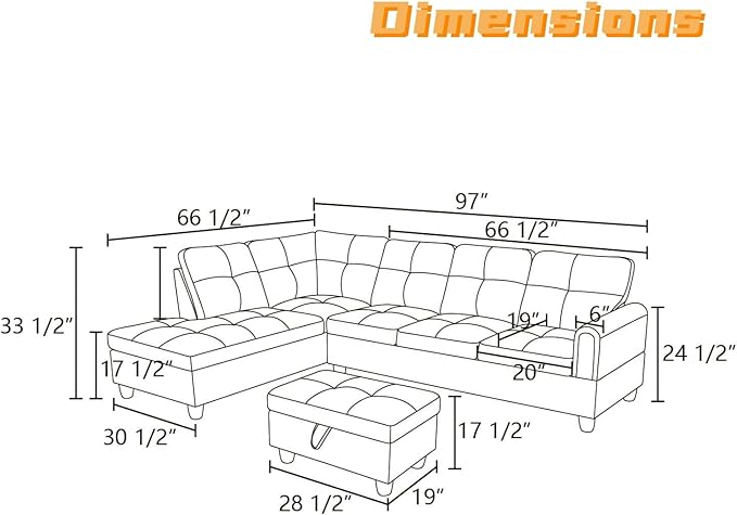 FONTOI L Shaped Sectional Couch with Otttoman, 97" Sectional Sofa for Living Room Flannel Modular Couches with Cup Holders for Bedroom, Apartments, Grey