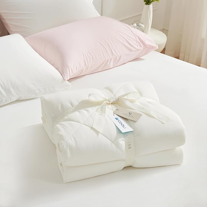 Cozy Bliss Cooling Comforter King Size, Cooling Blankets for Hot Sleepers and Night Sweats, Cream Summer Comforter for King Size Bed, Breathable Soft Lightweight Silk Smooth