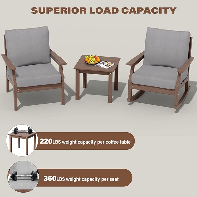 HDPE Patio Conversation Set, 3-Piece All Weather Outdoor Furniture Set with 1 Single Sofa，1 Rocking Sofa for Deck, Lawn, with Cushion, Brown