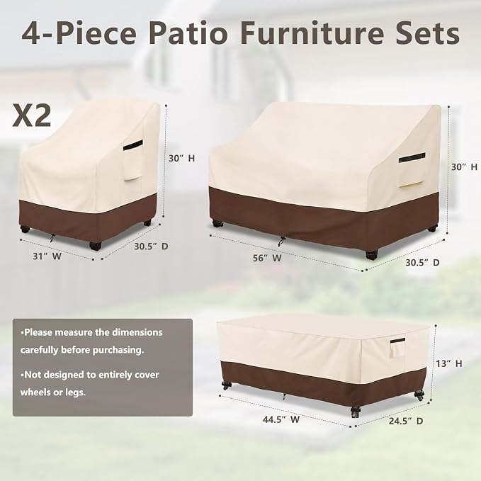 Rileytee Outdoor Furniture Set Cover, 4 Pcs 600D Heavy Duty 100% Waterproof Patio Furniture Covers,Fit Patio Loveseat,2 Chair and Coffee Table (Beige & Brown,Small) - Image 2