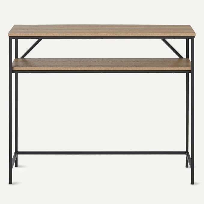 Amazon Basics Rectangular Console Table with Storage Shelf, Steel Frame, Oak Finish, 39.4"W x 31.5"H x 11.8"D