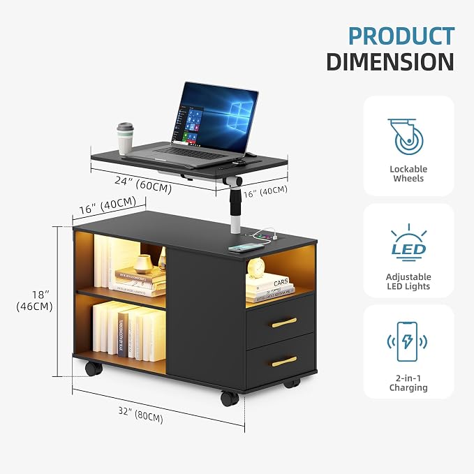 Gurexl 360° LED Nightstand with Wireless Charging Station, Movable Adjustable Bedside Table with Laptop Tray, Auto Sensor Night Stand for Bedroom (Black) - Image 2