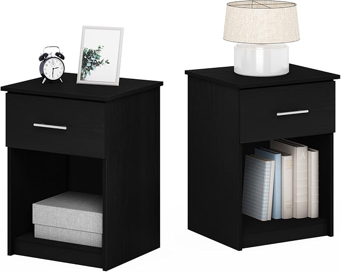 Furinno TIDUR Night Stand Set of 2, Modern Nightstand with Drawer and Open Shelf, End Table, Side Table, for Bedroom, Closet, Dorm, Dark Americano - Image 3