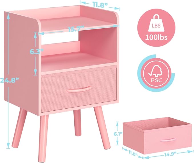 Yoobure Night Stand with Fabric Drawer, Modern Nightstand, Bedside Tables, Mid Century Nightstands with Open Storage Shelf, Wood Bedside Table, Small Night Stands for Bedrooms, 2-Tier Night Table - Image 2