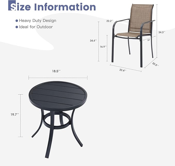 VICLLAX Outdoor Set for 2, Small Patio Table and Chairs Set of Stackable Patio Sling Chairs and Round Dining Table for Front Porch, Brown Fabric and Black Table - Image 6