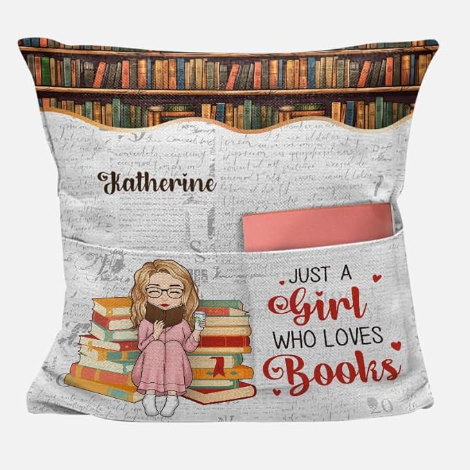 Custom Pocket Pillow, Personalized Bookish Gifts for Book Lovers, Bookworms, Readers, Booknerd, Just A Girl Who Loves Books, Book Club Gifts for Women Readers, Cushion Home Decor Pillow