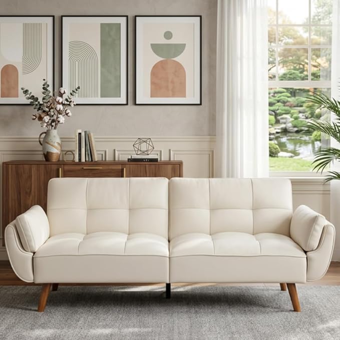 Convertible Futon Sofa Bed, Modern Futon Couch with 2 Pillows, Small Futons Couch with Adjustable Armrest & Backrest, Loveseat Sofa Bed for Living Room, Bedroom, Beige