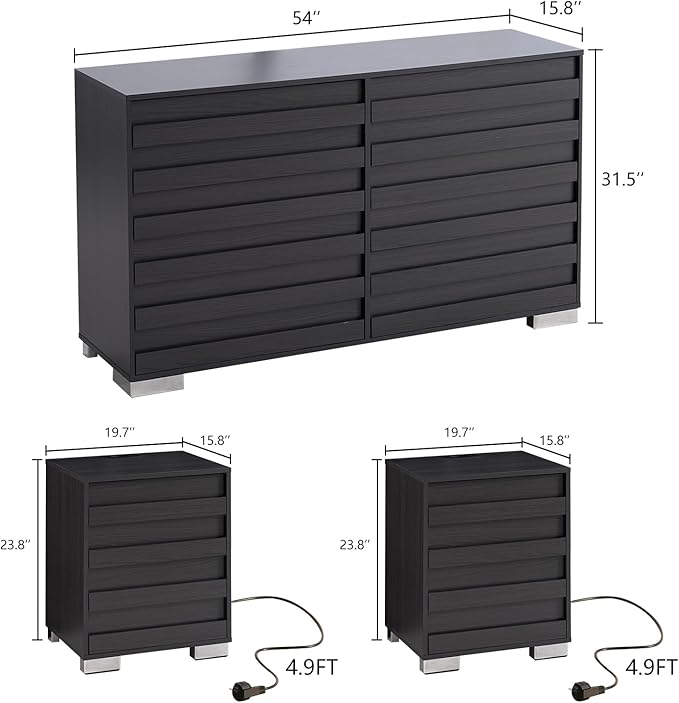 LUXOAK 3 Pcs Bedroom Furniture Set - Includes Farmhouse 6 Drawer Dresser and Nightstand Sets of 2 with Charging Station, Slated Handles & Stainless Steel Feet, Black