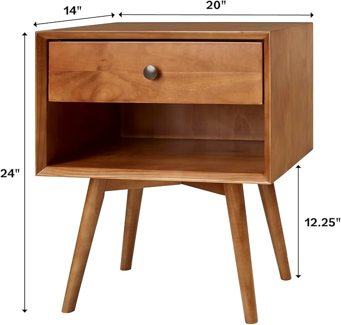Walker Edison Mid Century Modern Wood Nightstand Side Table Bedroom Storage Drawer and Shelf Bedside End Table, 1 Drawer, Caramel - Image 3