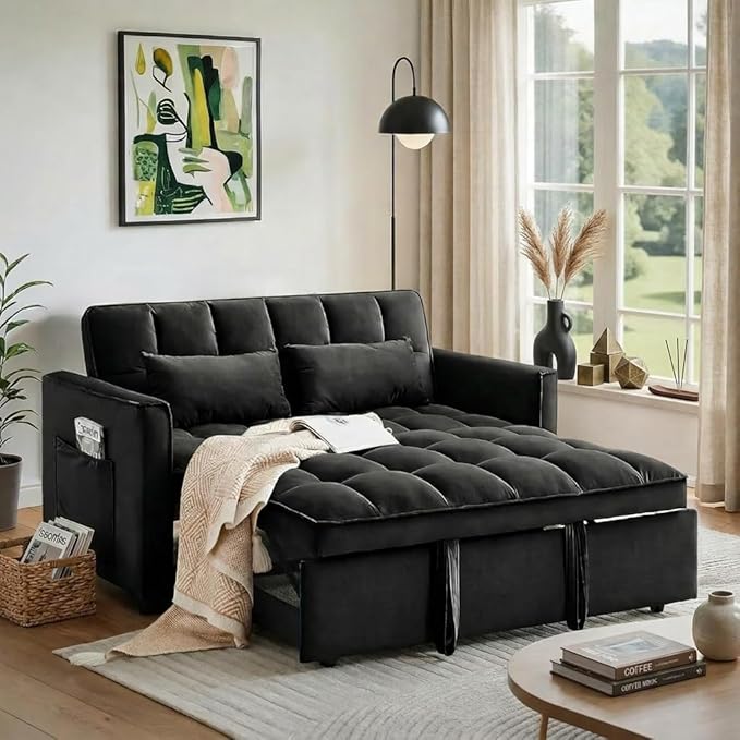 Pull Out Couch, Loveseat Sleeper Sofa Bed with Side Pockets, 3 in 1 Velvet Fabric Convertible Sofa Bed with Adjustable Backrest for Living Room, Bedroom, Apartment, Black