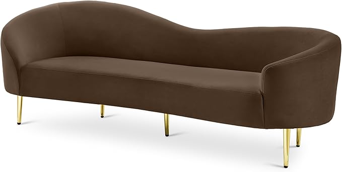 Meridian Furniture 659Brown-S Ritz Collection Modern | Contemporary Upholstered Sofa with Rich Brown Velvet, Gold Metal Legs, Curved Contemporary Design, 85.5" W x 31.75" D x 30.5" H, Brown
