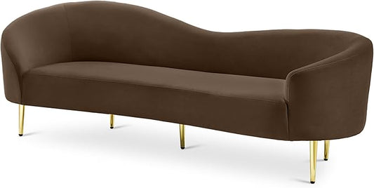 Meridian Furniture 659Brown-S Ritz Collection Modern | Contemporary Upholstered Sofa with Rich Brown Velvet, Gold Metal Legs, Curved Contemporary Design, 85.5" W x 31.75" D x 30.5" H, Brown