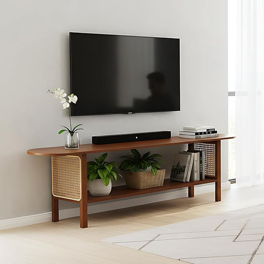 Tiita TV Stand with Storage for TVs up to 65'', Bamboo TV Console Entertainment Center with 2 Open Shelf, Mid Century Modern Media Console for Living Room, Bedroom, Walnut by TiitaHome