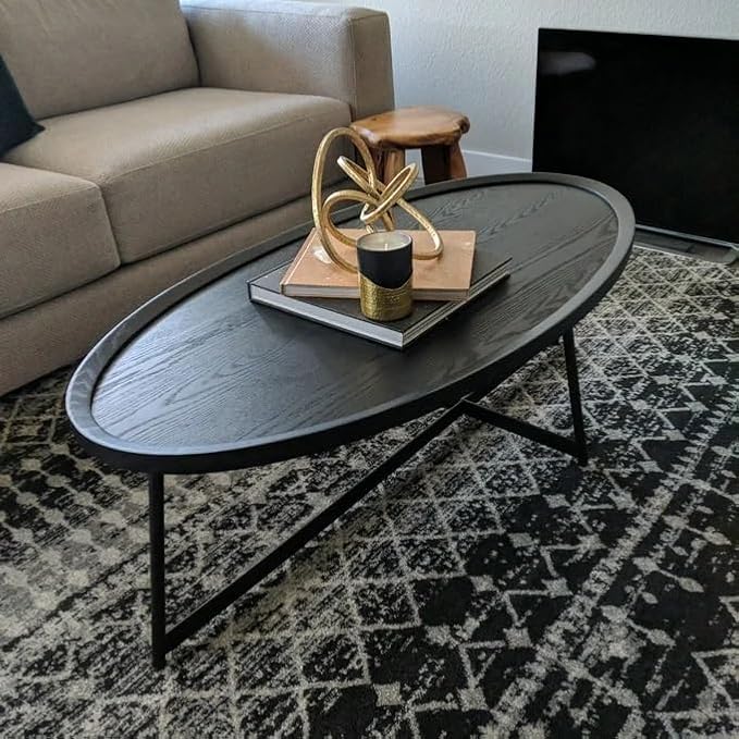 Modern Coffee Table, Oval Wood Coffee Tables Center Table with Metal Leg for Living Room, 47 Inch Living Room Table Accent Furniture (Oval Coffee Table, Black)
