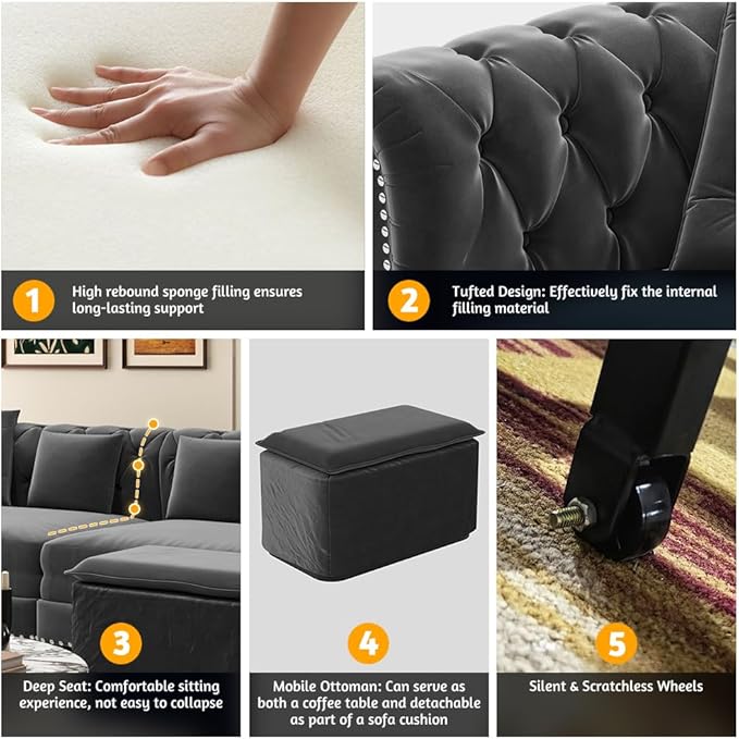 Eafurn 3 in 1 Oversized Chesterfield Loveseat Sofa Convertible Pull Out Sleeper Sofabed King Size Couch Bed w/Movable Ottoman and Nailhead Trim for Living Room Tufted Velvet Recliner Daybed Sofacama