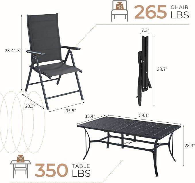 BUPPLEE 7-Piece Outdoor Dining Set - 6 Padded Aluminium Folding Chairs & Adjustable Steel Table, Low-Maintenance Garden Furniture for Backyard, Balcony, Poolside, Includes 1.57"-1.97" Umbrella Hole - Image 2