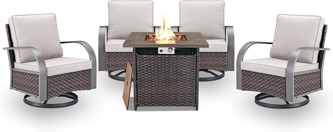 Belord 5 Pieces Patio Furniture Set with Fire Pit Table - 4 Outdoor Swivel Rocker Chairs with 50000 BTU Propane Fire Pit Table, Patio Conversation Sets for Outside Backyard Patio Casual Gathering