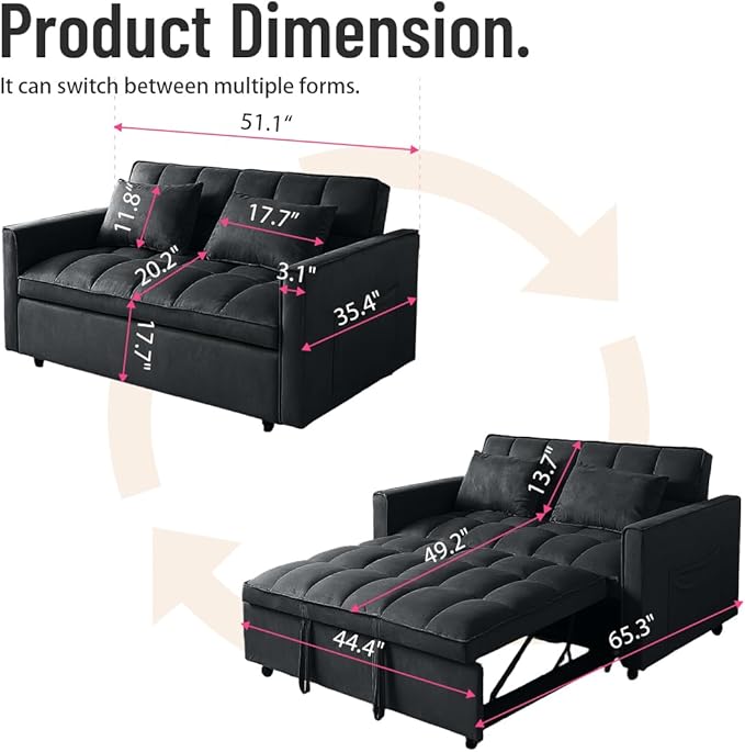 Pull Out Couch, Velvet Fabric Loveseat Sleeper Couch, 3 in 1 Corduroy Futon Sofa Bed with Side Pockets, Sleeper Sofa Bed with Adjustable Backrest for Living Room, Black