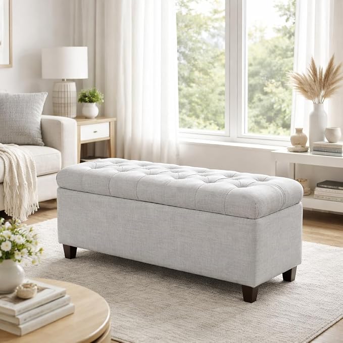 Homepop Home Decor Tufted Ainsley Button Storage Ottoman Bench with Hinged Lid Ottoman Bench with Storage for Living Room & Bedroom, Light Blue 18x40x18 Inches - Image 4