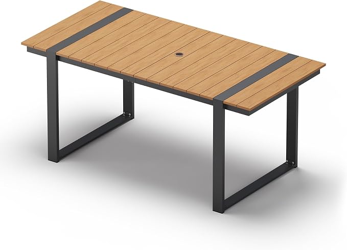 Outdoor Dining Table for 6, HDPS+ Aluminum Patio Dning Table with U-Shape Leg, Size: 67.4"*32.3"*29.6",Modern Rectangular Table for Lawn, Garden (Gray-Teak) by Oasbira